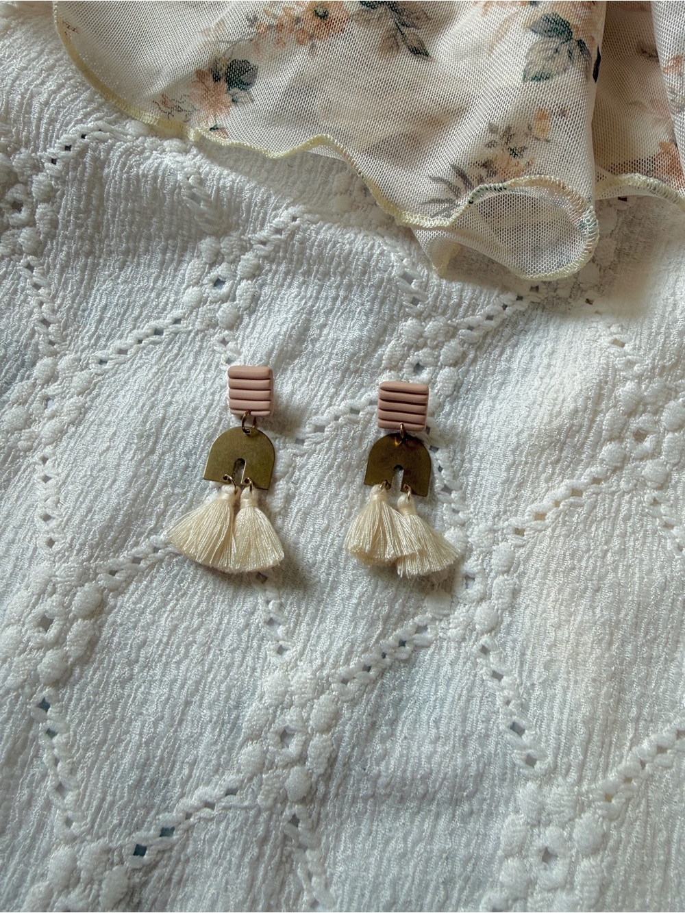 Handmade Pink and Cream Tassel Drop Earrings